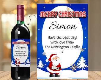 Personalised Merry Christmas Wine / Champagne Bottle Sticker Label N166 Santa Stocking Filler gift for adults