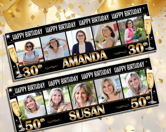 Personalised Black & Gold Happy Birthday Party Photo Banners - 16th 18th 21st 30th 40th 50th 60th 70th 80th Any Age N104
