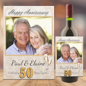 Personalised 50th Golden Wedding Anniversay Wine / Champagne Bottle Sticker PHOTO Label N101 Celebration gift