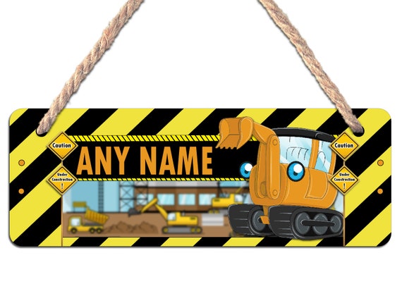 Personalised ANY Name Hanging Wooden Door Sign Plaque N13 Kids Boys Girls Digger