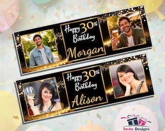 Personalised Black & Gold Happy Birthday Party Photo Banners - 16th 18th 21st 30th 40th 50th 60th 70th 80th Any Age N3