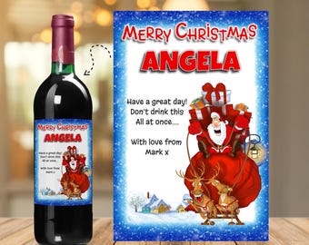 Personalised Merry Christmas Wine / Champagne Bottle Sticker Label N175 Santa Stocking Filler gift for adults