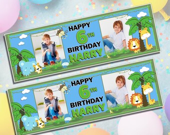 Personalised Safari Animals Happy Birthday Photo Banners N9 Celebration Party Decoration for kids boys girls