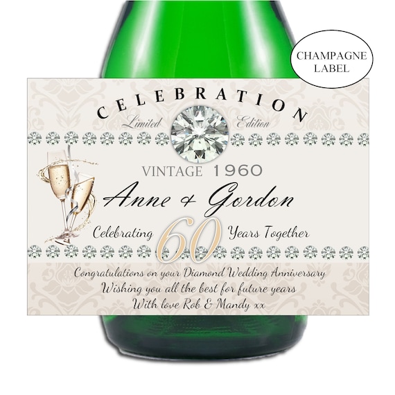 Personalised 60th Wedding Anniversary Diamond Wine Label Gift
