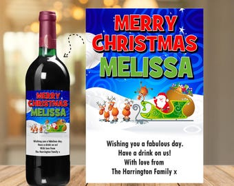 Personalised Merry Christmas Wine / Champagne Bottle Sticker Label N170 Santa Stocking Filler gift for adults