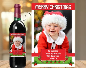 Personalised Merry Christmas Photo Wine / Champagne Bottle Label Sticker N200 Santa Stocking Filler gift for him her