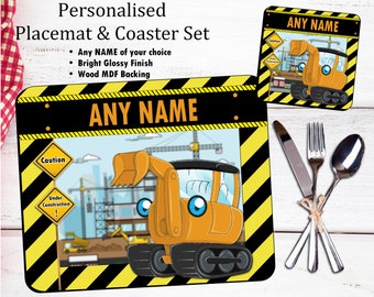 Personalised Digger Wooden Coaster & Placemat Dinner Table Set Gift Set with ANY NAME - N36 Girls Boys Kids