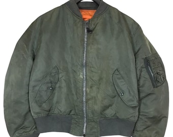 1970s MA-1 Green Nylon Bomber Jacket W/ Patches | Medium / Large