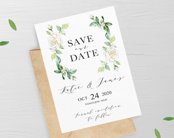 Save our date invitation, custom, printable, with white roses