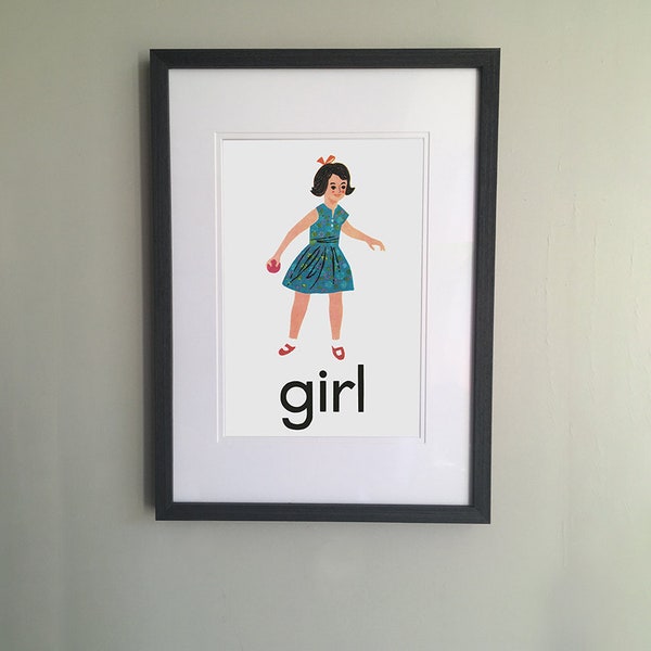 196Os girl school print, retro image,  vintage, mid-century style: retro school room poster. Bedroom, bathroom art, Cool Christmas Gift.