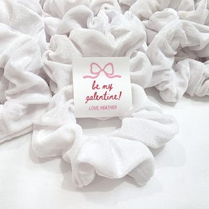 May include: White velvet scrunchies with a tag that reads "be my galentine!" in pink lettering. The tag also includes a pink bow graphic and the name "LOVE, HEATHER".
