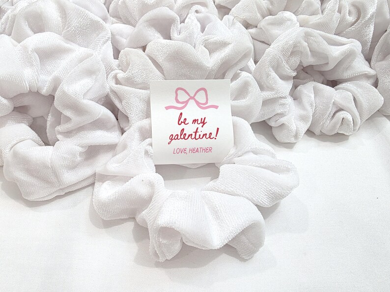 May include: White velvet scrunchies with a tag that reads "be my galentine!" in pink lettering. The tag also includes a pink bow graphic and the name "LOVE, HEATHER".
