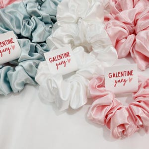 May include: Three satin scrunchies in light blue, white, and pink with a white tag that says "Galentine gang" in red text with a small red heart.