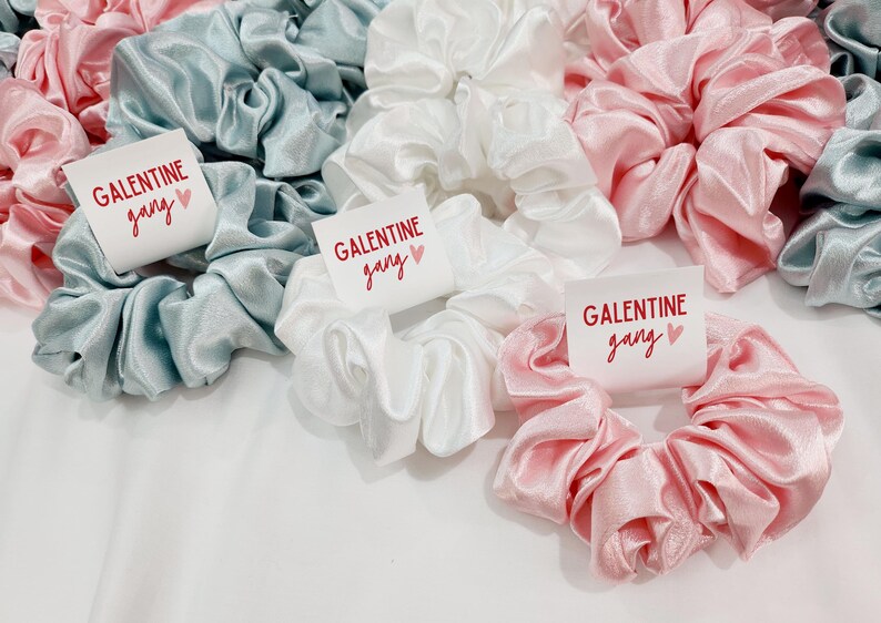 May include: Three satin scrunchies in light blue, white, and pink with a white tag that says "Galentine gang" in red text with a small red heart.