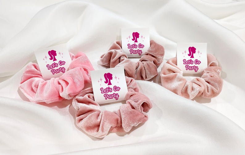 K&ouml;nnte beinhalten: Vier rosafarbene Samt-Haargummis mit wei&szlig;en Etiketten, auf denen "Let's Go Party" steht, mit einer rosa Silhouette eines Frauenkopfes.