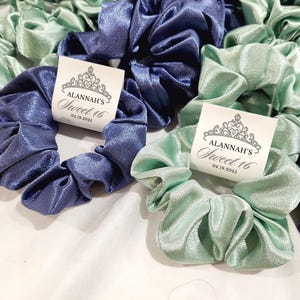 May include: Two satin scrunchies, one blue and one green, with a white label attached to each. The label reads "Alannah's Sweet 16 04.19.2023".