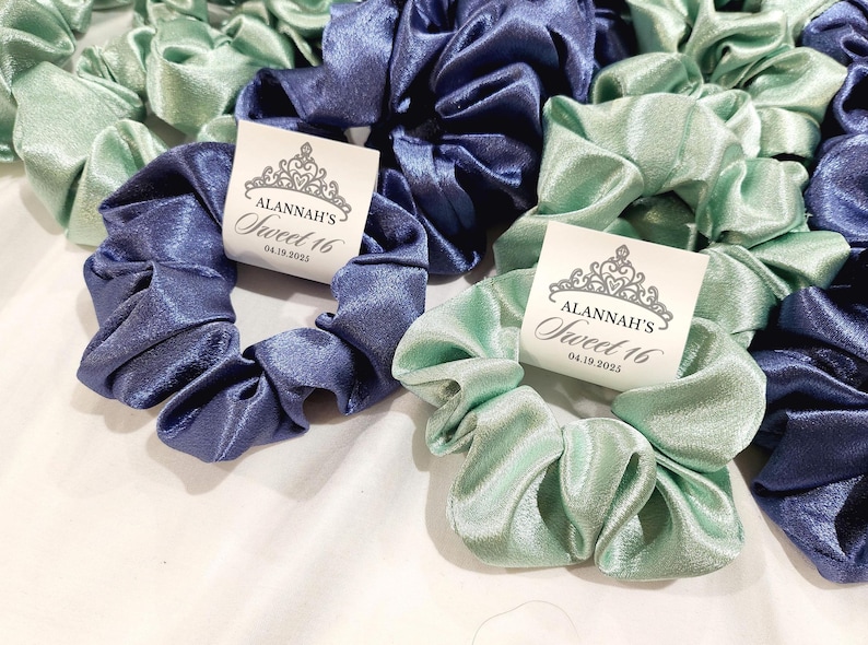May include: Two satin scrunchies, one blue and one green, with a white label attached to each. The label reads "Alannah's Sweet 16 04.19.2023".