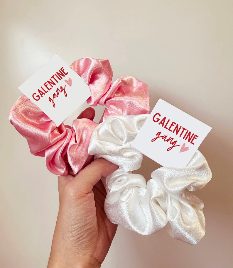 May include: Two satin scrunchies, one pink and one white, with a white card attached to each. The cards have the text "Galentine gang" in red with a small pink heart.