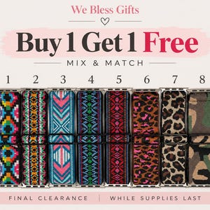 May include: Eight watch bands arranged in a row, numbered one through eight. The bands feature various patterns including geometric, leopard print, and camouflage designs in colors like pink, blue, green, orange, and black. Text reads We Bless Gifts.