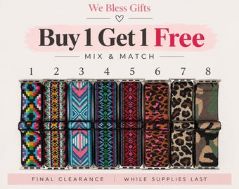 May include: Eight watch bands arranged in a row, numbered one through eight. The bands feature various patterns including geometric, leopard print, and camouflage designs in colors like pink, blue, green, orange, and black. Text reads We Bless Gifts.