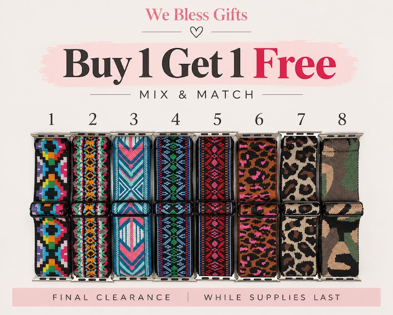 May include: Eight watch bands arranged in a row, numbered one through eight. The bands feature various patterns including geometric, leopard print, and camouflage designs in colors like pink, blue, green, orange, and black. Text reads We Bless Gifts.