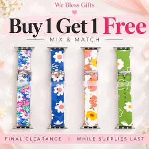 May include: Four watch bands with silver-tone metal hardware and floral patterns. The first band features a multi-colored floral print, the second a blue band with white flowers, the third a white band with orange and yellow flowers, and the fourth a green band with white flowers.