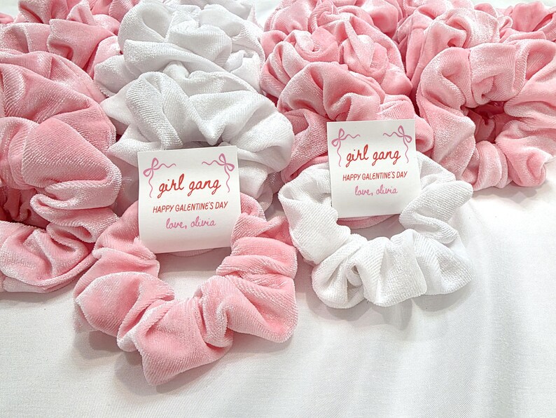 May include: A collection of pink and white velvet scrunchies. Some scrunchies have a small card that reads "girl gang, HAPPY GALENTINE'S DAY, love, olivia". The scrunchies are a soft, feminine accessory.