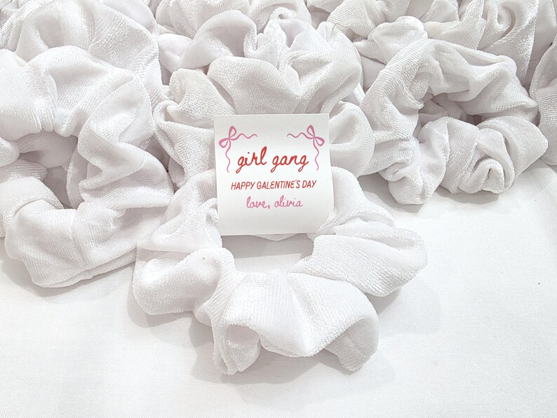 May include: White velvet scrunchies, a popular hair accessory, are scattered across a white surface. A small card with the text "girl gang" and "Happy Galentine's Day" is placed on one of the scrunchies.