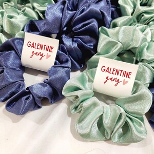 May include: Two sets of satin scrunchies, one set in blue and one set in green, with a white tag that says "Galentine gang" in red lettering with a pink heart.