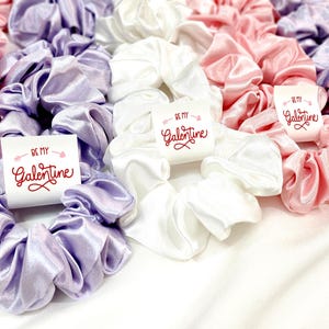 May include: A collection of satin scrunchies in various colors, including lavender, pink, and white. Each scrunchie has a white tag attached with the text "Be My Galentine" in red lettering.