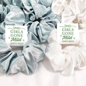 May include: Satin scrunchies in pale blue and white. Some scrunchies have a small white card with the text "GIRLS GONE Mild" and "Jenn's Bach" in green. The scrunchies are arranged on a white surface, ideal for a hen party.