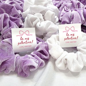 May include: A collection of soft scrunchies in shades of lavender and white. Each scrunchie is made of a plush material. Some scrunchies have a small card that reads "be my galentine!" in red script, with a pink bow graphic.
