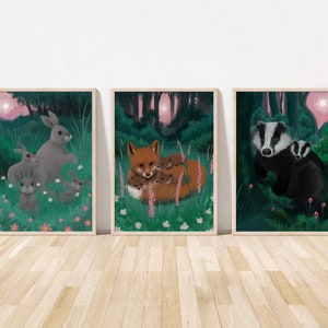Woodland Nursery Prints, Set of 3, Nursery Wall Art, Kids Art, Animal Wall Decor, Rabbit, Fox, Badger