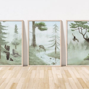 Nursery Wall Art, Rocky Mountains Set of 3, Forest Nursery Decor, Animal Nursery Prints, Woodland Nursery Decor, Green Nursery Art