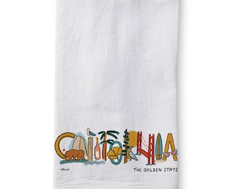 California Landmark Lettering, 100% Cotton Tea Towel, Dishcloth, Square Flour Sack Towel, Souvenir, California Gift, Home Decor, Kitchen