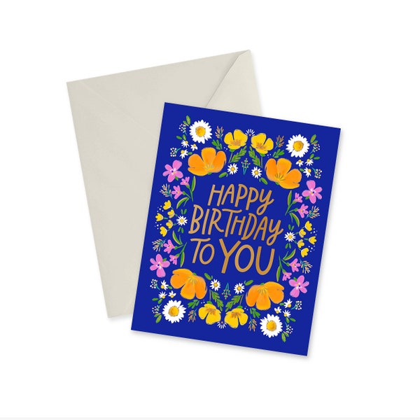 Happy Birthday To You, Wildflower Meadow, Gold Foil Stamped Notecard, Birthday Card, Gift, Blank Notecard and Envelope, Sentimental Gift