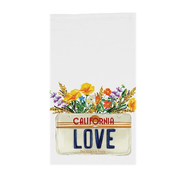 California Love, Tea Towel, License Plate, Wildflowers, Floral Art, Kitchen Dishcloth, Flour Sack Towel, Souvenir, Host Gift, Home Decor