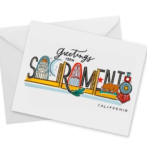 Greetings From Sacramento, California, Notecard, Individual and Box Set of 6, Landmark Lettering