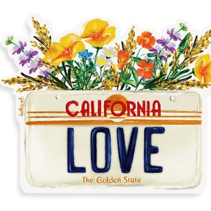 California Love, License Plate Sticker, with Wildflowers, Classic License Plate Decal, Decorative Sticker for Waterbottle, Souvenir and Gift