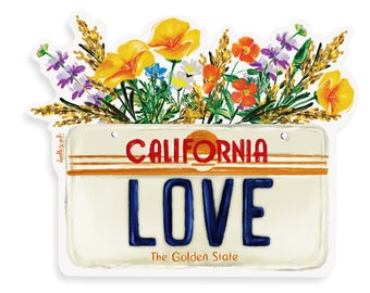 California Love, License Plate Sticker, with Wildflowers, Classic License Plate Decal, Decorative Sticker for Waterbottle, Souvenir and Gift