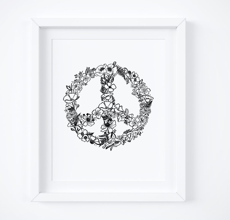 Floral Silhouette Souvenir Flower Illustration Art Print 8x10 Wildflower Peace Sign California Wall Art Minimalist