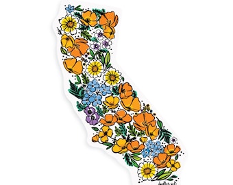 California Wildflowers Sticker,  California Wildflower Decal, California Poppy, Decorative Sticker for Waterbottle, Souvenir and Gift