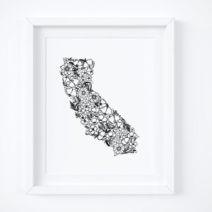 Floral Silhouette Souvenir Flower Illustration Art Print 8x10 Wildflower Peace Sign California Wall Art Minimalist