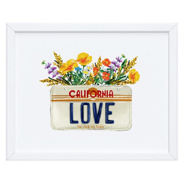 California Love, License Plate, California Wildflowers, With Sagebrush, Wall Art, Art Print, California Souvenir, Moving, Gift, 11x14, 8x10
