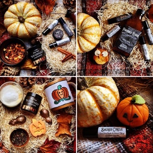 May include: A collage of fall-themed items, including pumpkins, essential oil rollers, a mug with a pumpkin face, and decorative gourds. The items are arranged on a bed of straw with fall leaves and cinnamon sticks.