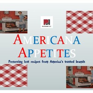 Könnte beinhalten: Eine Grafik in Rot, Weiß und Blau mit dem Text "Americana Appetites" und dem Slogan "Preserving lost recipes from America's trusted brands". Die Grafik ist von rot-weißen Karomustern umgeben.