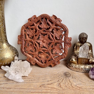Ornate vintage hand carved wood trivet, bohemian decor, made in India