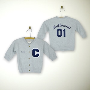 Sudadera personalizada para bebé, chaqueta universitaria, color gris y letras azul marino