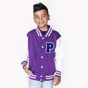 Personalized Kids Sweatshirt Varsity Jacket PURPLE/WHITE