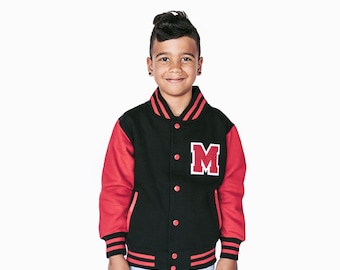 Gepersonaliseerde Kids Sweatshirt Varsity Jacket ZWART/ROOD